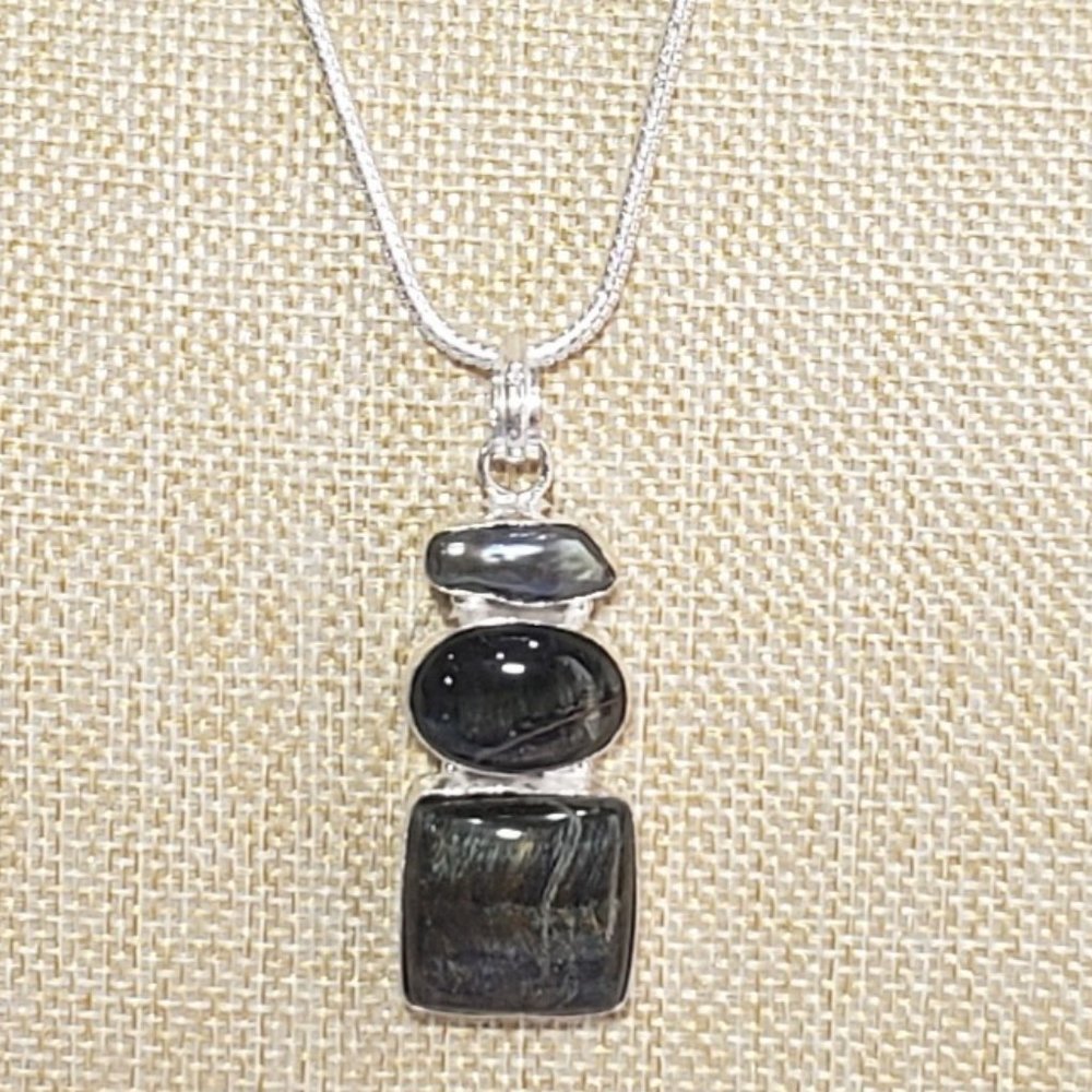 Tiger Eye Necklace, 925 Silver Tiger Eye Biwa Pearl Gemstone Pendant Necklace